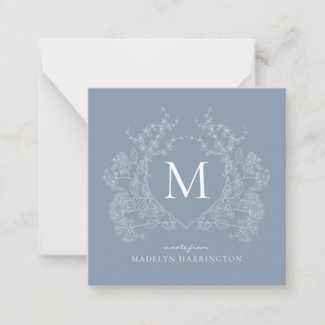 Classic Dusty Blue Floral Crest Monogram Note Card (Front)