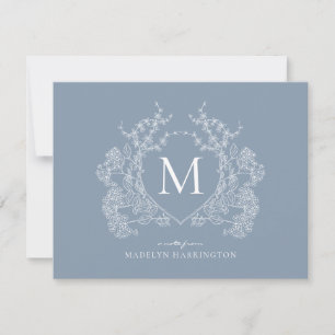 Classic Dusty Blue Floral Crest Monogram Note Card