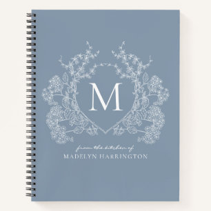 Classic Dusty Blue Floral Crest Monogram Recipe Notebook