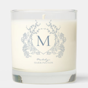 Classic Dusty Blue Floral Crest Monogram Scented Candle
