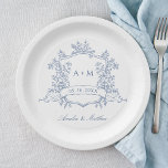 Classic Dusty Blue Floral Crest Monogram Wedding Paper Plates<br><div class="desc">Elegant dusty blue floral crest wedding paper plate with monograms,  perfect for a modern classic or romantic vintage wedding. For more advanced customization of this design,  please click the BLUE DESIGN TOOL BUTTON above! Matching items are also available.</div>