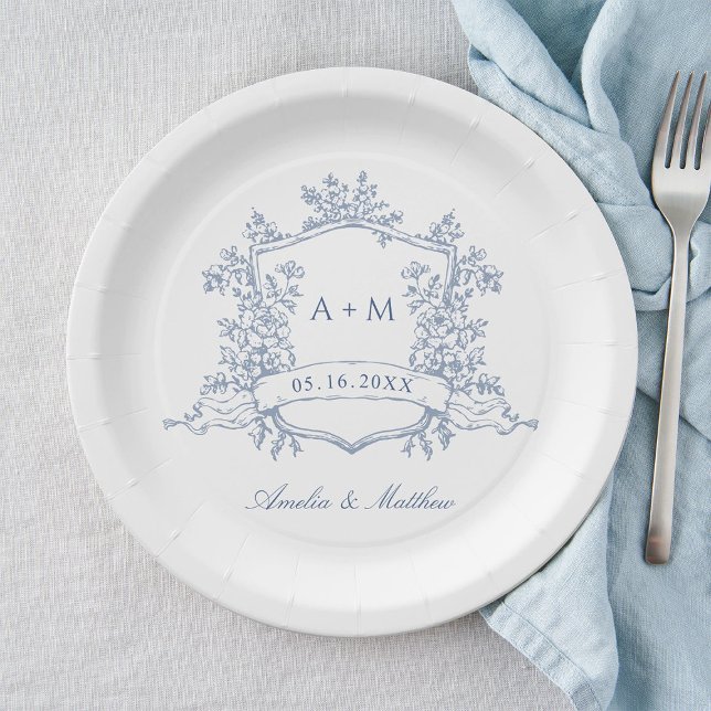 Classic Dusty Blue Floral Crest Monogram Wedding Paper Plates (Creator Uploaded)