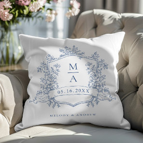 Classic Dusty Blue Floral Crest Monogram Wedding Throw Pillow