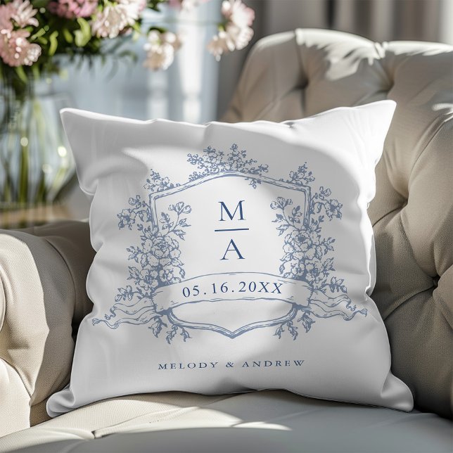 Classic Dusty Blue Floral Crest Monogram Wedding Throw Pillow (Creator Uploaded)