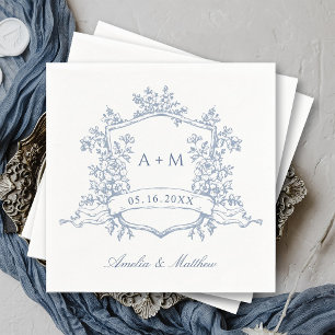 Classic Dusty Blue Floral Crest Monograms Wedding Napkins