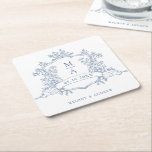 Classic Dusty Blue Floral Crest Monograms Wedding  Square Paper Coaster<br><div class="desc">Classic dusty blue floral crest wedding paper coaster with monograms,  perfect for a modern classic or romantic vintage wedding. For more advanced customization of this design,  please click the BLUE DESIGN TOOL BUTTON above! Matching items are also available.</div>