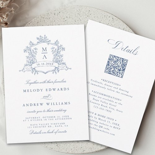 Classic Dusty Blue Floral Crest Wedding All in One
