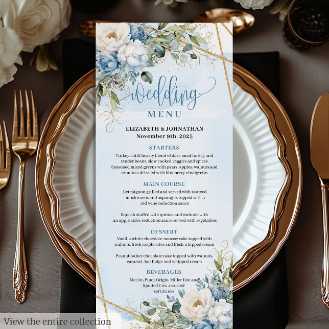 Classic Dusty Blue Floral Greenery Wedding Menu (Classic Dusty Blue Floral Greenery Wedding Menu)