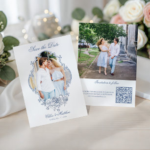 Classic Dusty Blue Floral Photo Frame Wedding Save The Date