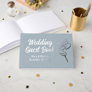 Classic Dusty Blue Floral Sketch Foil Guestbook