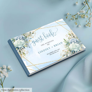 Classic Dusty Blue Flowers Gold Wedding Guest Book