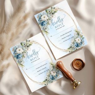 Classic Dusty Blue Gold Frame Wedding RSVP Card