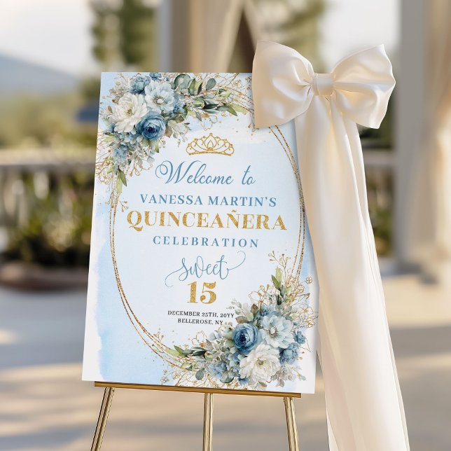 Classic Dusty Blue Gold Greenery Quince Welcome  Foam Board (Classic Dusty Blue Gold Greenery Quince Welcome Sign)