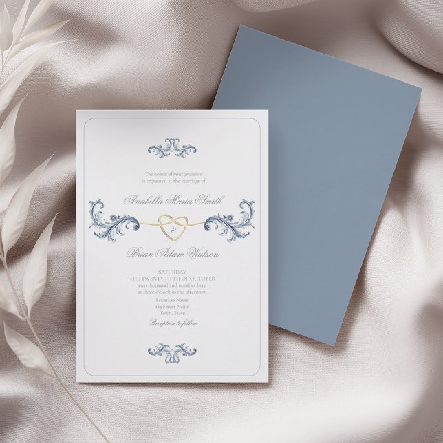 Classic Dusty Blue Gold Heart Wedding Invitation (Creator Uploaded)
