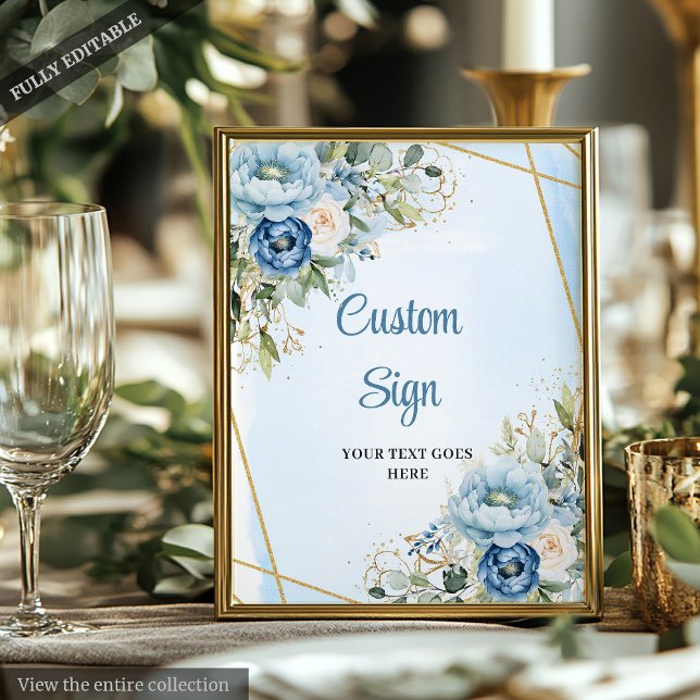 Classic Dusty Blue Greenery Gold Frame Wedding  Poster (Classic Dusty Blue Greenery Gold Frame Wedding Sign)