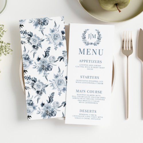 Classic Dusty Blue Grey Floral Wedding Menu