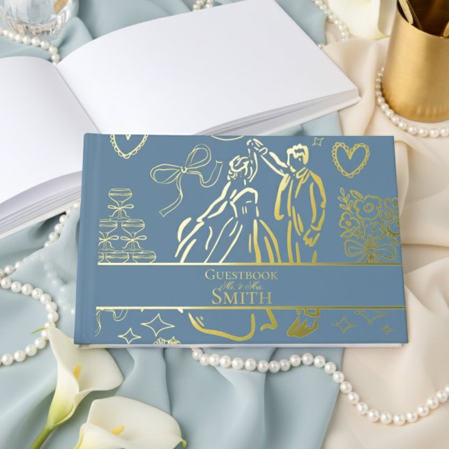 Classic Dusty Blue Hand Drawn Wedding Sketch Art  Foil Guest Book (Remember your special day with this keepsake Gold Foil Guest Book!)