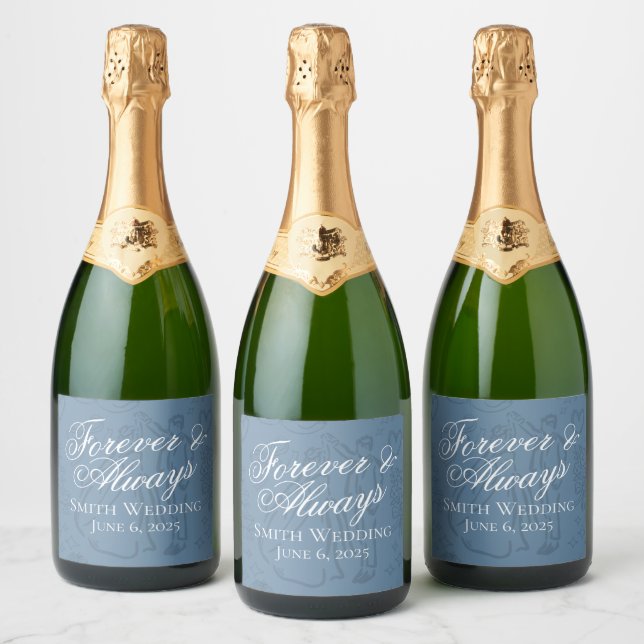 Classic Dusty Blue Hand Drawn Wedding Sketch Art  Sparkling Wine Label (Bottles)