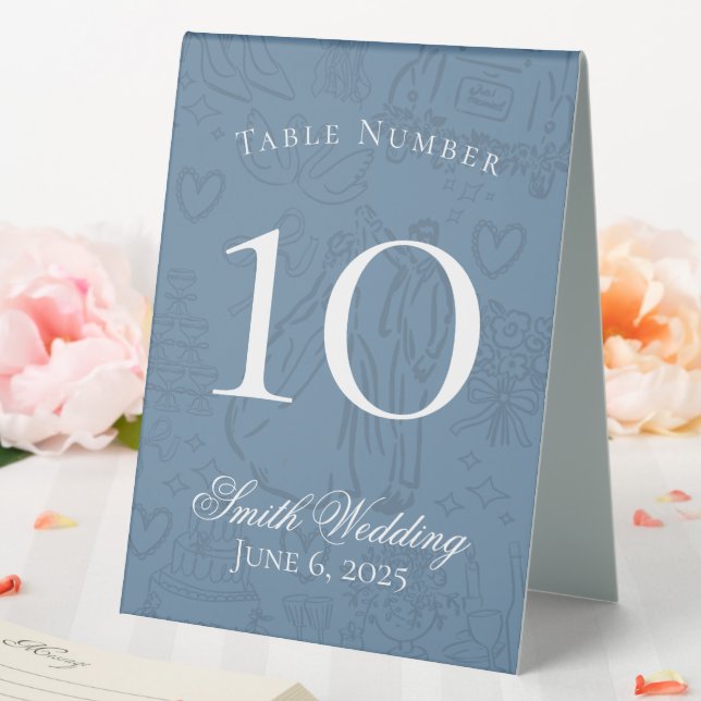 Classic Dusty Blue Hand Drawn Wedding Sketch Art Table Tent (In SItu (Wedding))