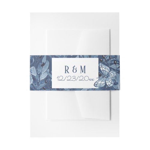Classic Dusty Blue Modern Floral Watercolor Chic Invitation Belly Band