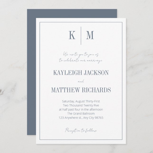 Classic Dusty Blue Monogram Elegant Wedding  Invitation (Front/Back)