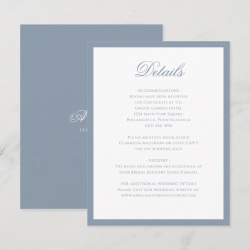 Classic Dusty Blue Monogram Script Wedding Details Enclosure Card