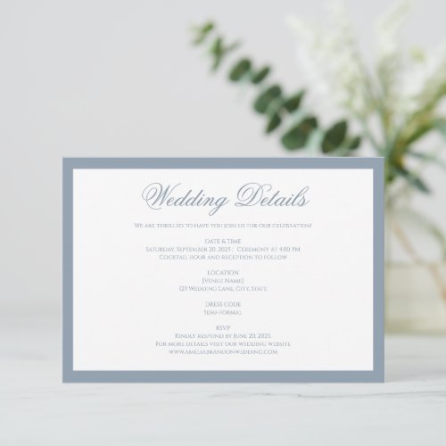 Classic Dusty Blue Monogram Script Wedding Details Enclosure Card