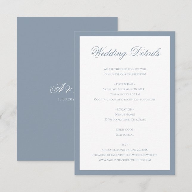 Classic Dusty Blue Monogram Script Wedding Details Enclosure Card (Front/Back)
