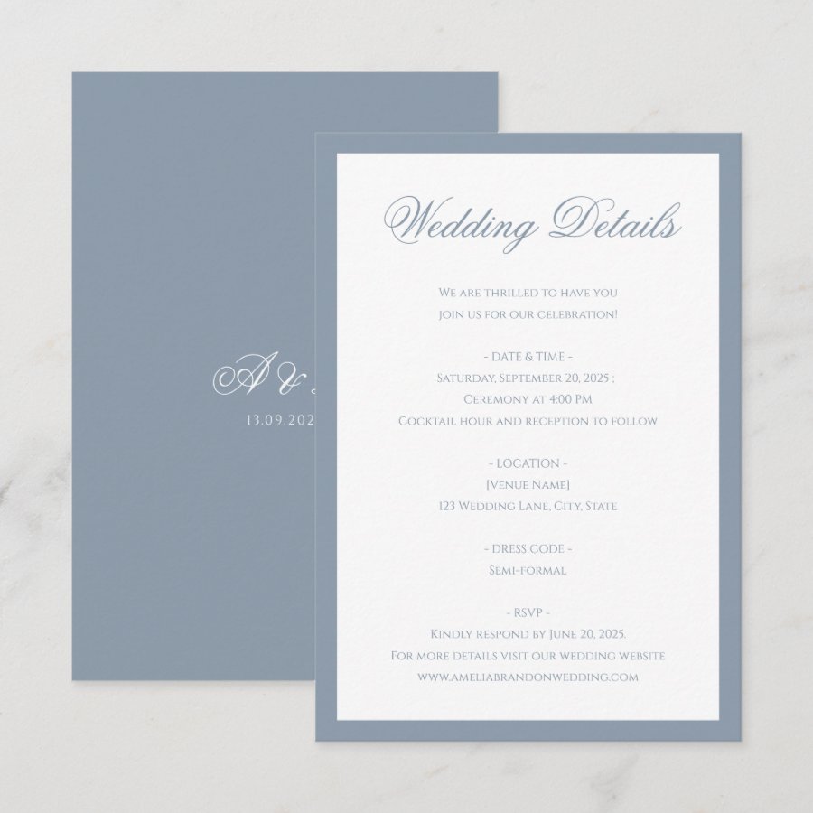 Classic Dusty Blue Monogram Script Wedding Details Enclosure Card