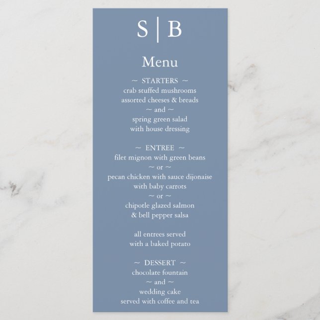 Classic Dusty Blue Monogram Wedding Menu (Front)