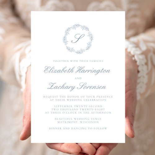 Classic Dusty Blue Monogram Wreath Script Wedding Invitation