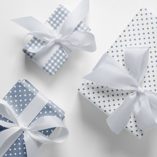 Classic Dusty Blue Polka Dots Gingham Pattern Mix Wrapping Paper Sheets