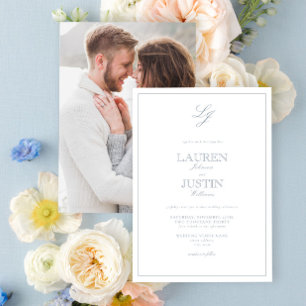 Classic Dusty Blue Script Monogram Photo Wedding Invitation