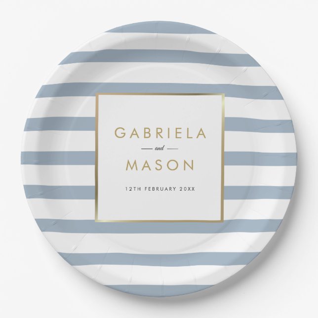 Classic Dusty Blue Stripe Faux Gold Foil Wedding Paper Plates (Front)