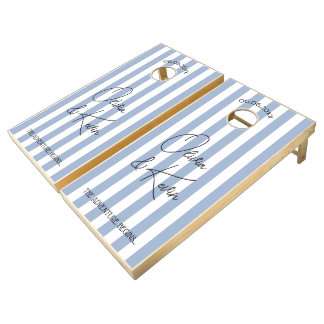 Classic Dusty Blue Striped Personalized Wedding Cornhole Set