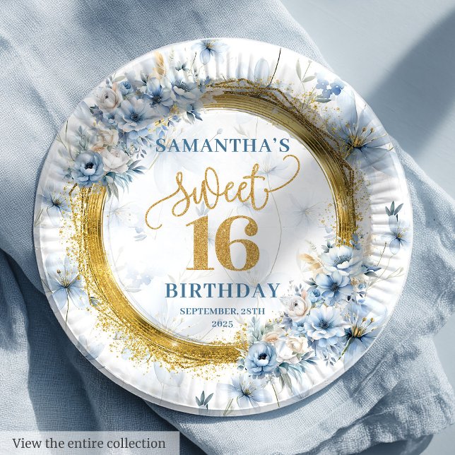 Classic Dusty Blue Sweet Sixteen Gold Glitter  Paper Plates (Classic Dusty Blue Sweet Sixteen Gold Glitter Paper Plates)