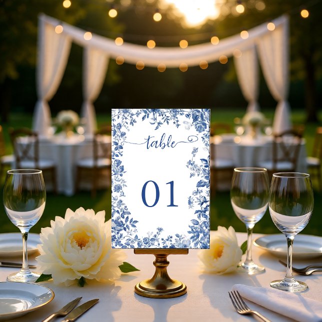 Classic Dusty Blue Toile Floral Wedding Table Number (Classic Dusty Blue Toile Floral Wedding Table Number)