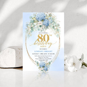 Classic Dusty Blue Watercolor 80th Birthday Invite