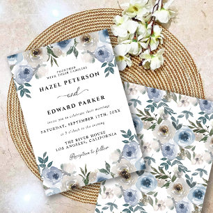 Classic Dusty Blue Watercolor Floral Wedding Invitation
