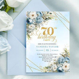 Classic dusty blue watercolor florals 70 birthday invitation