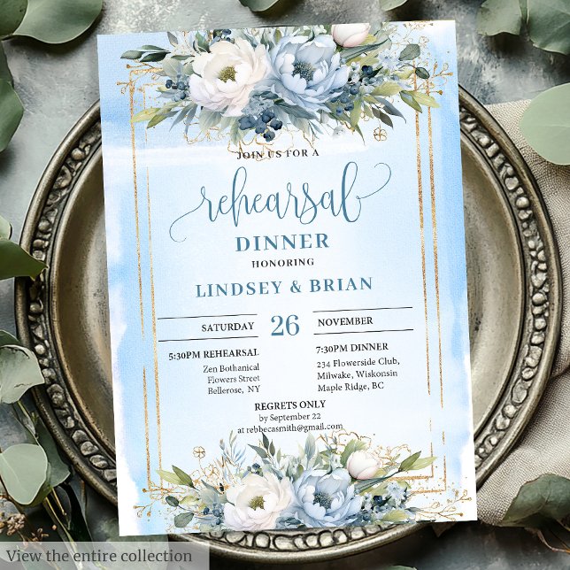 Classic Dusty Blue White Floral Rehearsal Invites (Classic Dusty Blue White Floral Rehearsal Invitation)