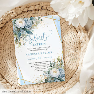 Classic dusty blue white floral sweet 16 invites