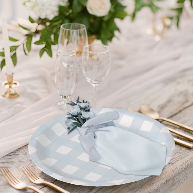 Classic Dusty Blue & White Gingham Check Paper Plates (Dusty Blue and White Gingham Check Plaid Wedding Dining Paper Plate )