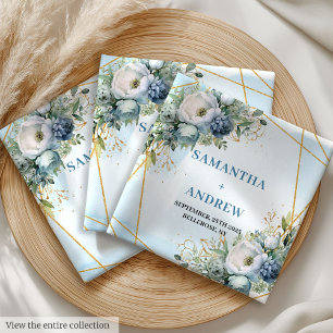 Classic Dusty Blue White Gold Flowers Cloth Napkin