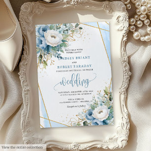 Classic Dusty Blue White Gold Flowers Invitation