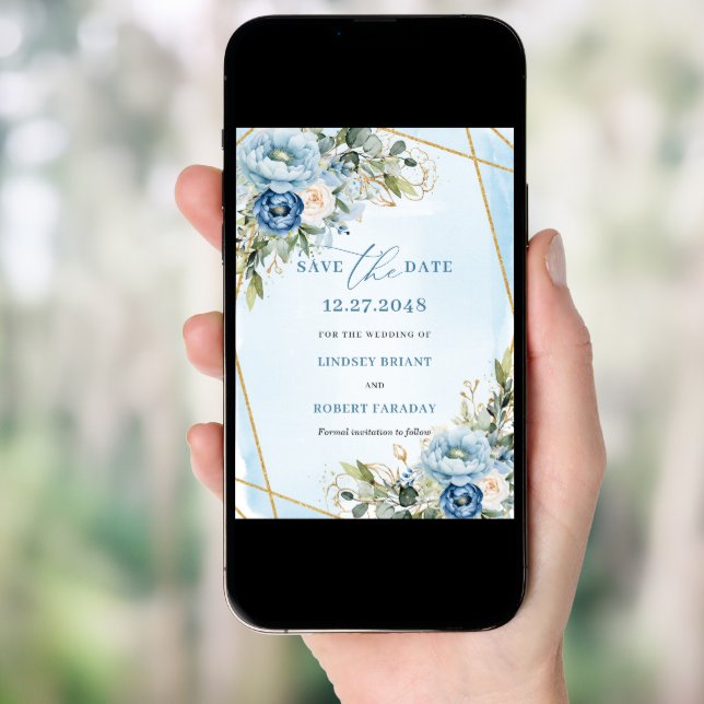 Classic Dusty Blue White Gold Peony Save The Date Invitation (Front Digital)