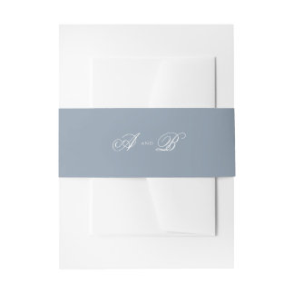 Classic Dusty Blue & White Monogram Script Wedding Invitation Belly Band