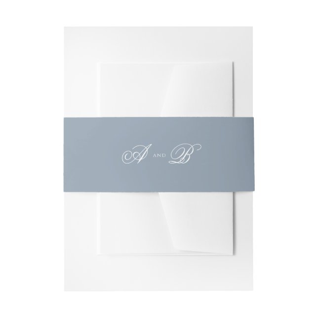 Classic Dusty Blue & White Monogram Script Wedding Invitation Belly Band (Front Example)