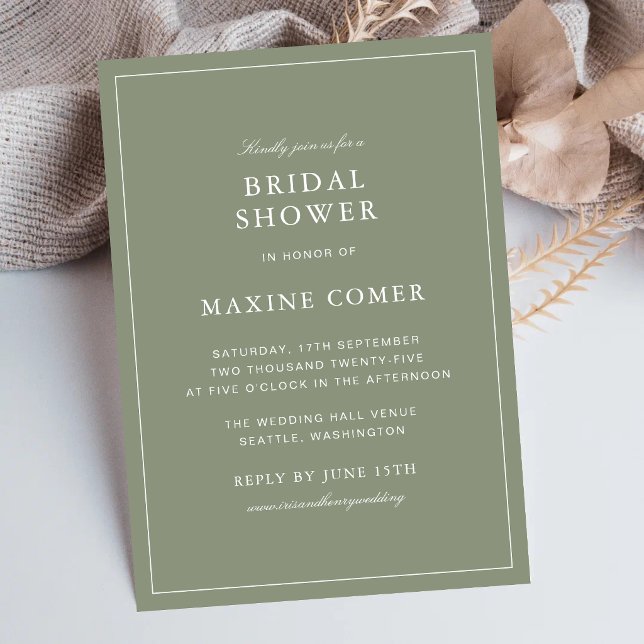 Classic Dusty Green Script Bridal Shower Invitation (Classic dusty green bridal shower invitations create a warm and elegant celebration atmosphere.)