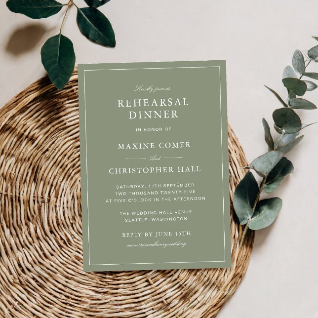 Classic Dusty Green Script Rehearsal Dinner Invitation (Classic dusty green rehearsal dinner invitations set a warm tone for a memorable gathering.)